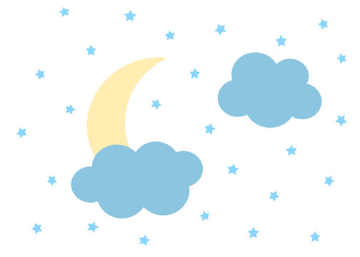 Night starry sky, moon and clouds. For banner, poster, flyer, postcard. Simple flat vector illustration © Amber