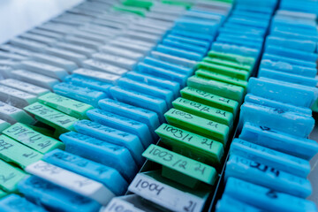 Multicolored patient tissue blocks at modern laboratory