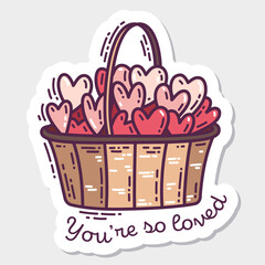 Colorful Valentine's Day doodle style hand-drawn sticker with simple engraving retro effect and quote. Romantic mood cute love symbol and lettering.