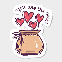 Colorful Valentine's Day doodle style hand-drawn sticker with simple engraving retro effect and quote. Romantic mood cute love symbol and lettering.