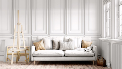 Beautiful interior of a modern room. Bright and clean design. A sofa standing by a large window against a wall background. 3D rendering