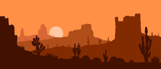 Fototapeta na wymiar Beautiful flat vector western desert landscape with rock formations and cactuses in orange colors.