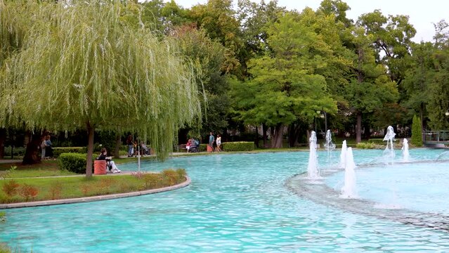 So called Singing fountains in Tsar Simeon park in Plovdiv city, Bulgaria, 4k