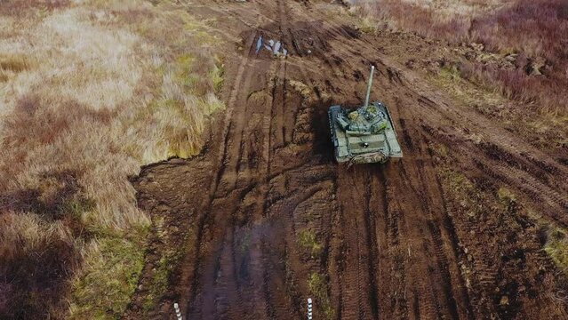 View from Above.The Main Tank is Moving Across the Field.