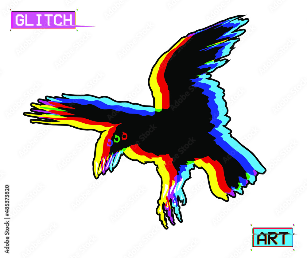 Poster glitch art. vector flying crow silhouette in cmyk color mode offset channels in the style of misprin