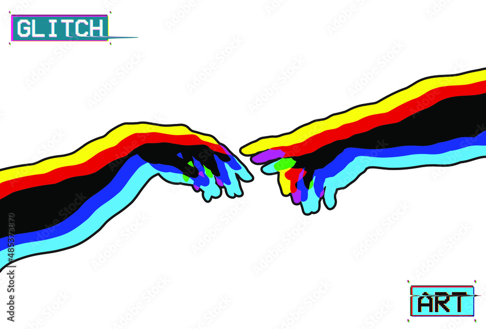 Poster glitch art. vector reaching hands silhouette in cmyk color mode offset channels in the style of misp