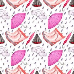 Rainy season watercolor seamless pattern. Purple umbrella cane, rubber boots, cloud with water drops. Weather autumn spring. Hand drawn illustration on white background.