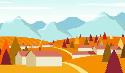 Vector illustration of a village town in Europe, cityscape with houses, mountains and trees, background for poster, covers, cards, banner. Cartoon flat vector illustration. Autumn season village