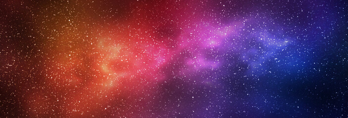 Night starry sky and bright blue red galaxy, horizontal background banner