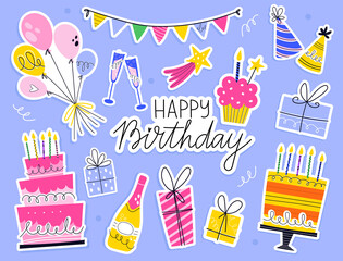 Birthday celebration hand drawn sticker set, vector illustration isolated on blue background. Balloons, cakes with candles, gift box, cupcakes, party hats, lettering.
