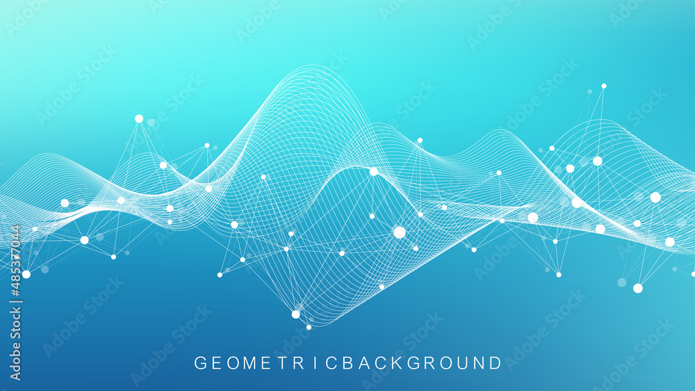 Fototapete Digits abstract background with connected line and dots, wave flow. Digital neural networks. Network and connection background for your presentation. Graphic polygonal background. Vector illustration.