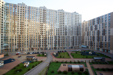 View of the courtyard of a multi-storey residential building in the city of St. Petersburg