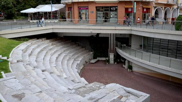 Ruins of Ancient Stadium in old part of Plovdiv city, Bulgaria, 4k