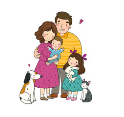 Cute cartoon family and a cat with a dog. Mom, dad and kids. Happy people.