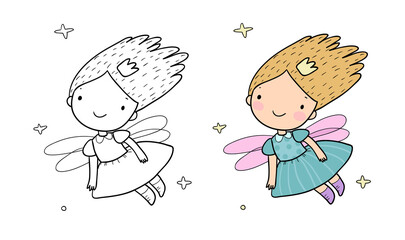 Cute cartoon fairy.Little Flower elf. Little girl with wings.  Illustration for coloring books. Monochrome and colored versions. Worksheet for children and adults