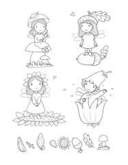Set with cute cartoon fairies. Wood elves. Little girls princess with wings fly over flowers. Funny ladybug. Vector illustration.  Illustration for coloring books.  - 485378235
