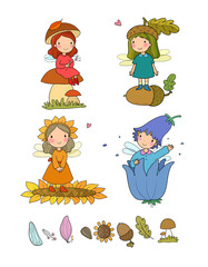 Obraz na płótnie Canvas Set with cute cartoon fairies. Wood elves. Little girls princess with wings fly over flowers. Funny ladybug. Vector illustration