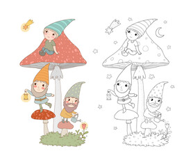Cute cartoon gnomes sleep on mushrooms. Little wood elves. Cheerful boys in caps. Illustration for coloring books. Monochrome and colored versions. Worksheet for children and adults