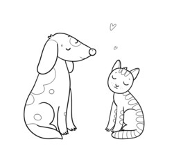  Сartoon cute cat and dog. Cute animals.  Illustration for coloring books. Monochrome versions. Worksheet for children and adults