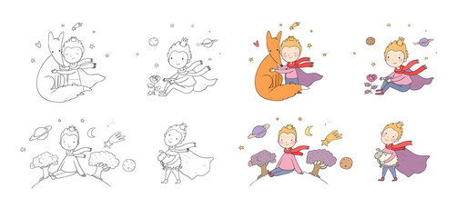 A fairy tale about a boy, a rose, a planet and a fox. prince with a sheep.  Illustration for coloring books. Monochrome and colored versions. Worksheet for children and adults - 485378647