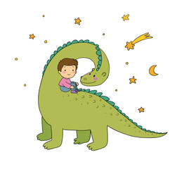 Cute little boy and funny dinosaur. The kid and the dragon. Vector - 485378687