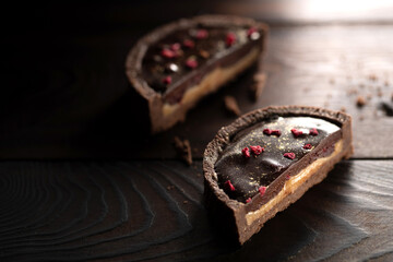 Tartlet, tart, homemade cakes. Delicious chocolate pie stuffed with shortcrust pastry. High quality photo
