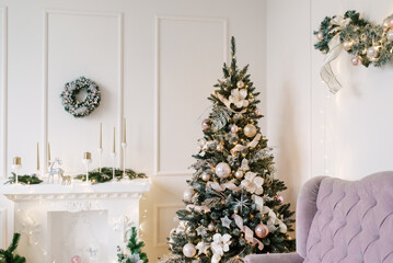 Beautiful living room interior with fireplace and Christmas tree, Christmas decor