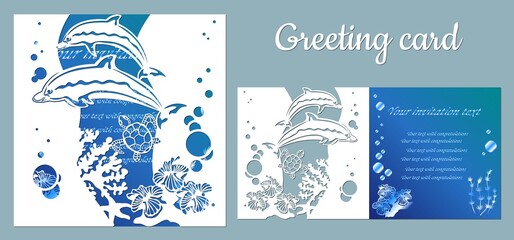 Dolphin, turtle, seaweed. template for making a postcard. vector image for laser cutting and plotter printing. fauna with marine animals.