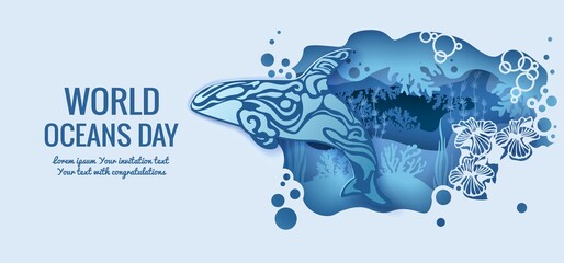 Text - world ocean day. Killer whale. template for making a postcard. vector image for laser cutting and plotter printing. fauna with marine animals....