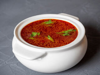 Close-up of soup borscht in a white ceramic soup bowl on a gray textured background. Traditional soup for Russia and Ukraine. Greens float on top of the soup. Side view