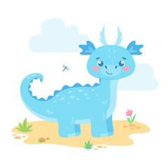 Cute blue dragon with a dragonfly, flower, clouds. Funny dino character in hand drawn cartoon style. Print for baby posters, cards, invite, clothes. Vector illustration isolated on white background 
