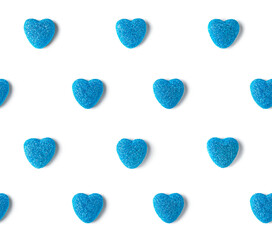 Seamless pattern of light blue marmalade hearts in sugar crystals. Valentine's Day concept.
