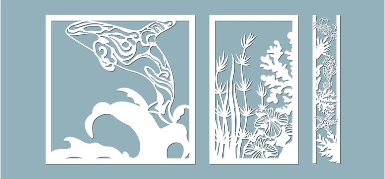 killer whale, starfish, seahorse, crab, algae, corals, Kelp, laminaria, Macrocystis, Brown alga, rockweed, Fucus, Posidonia . Vector illustration. Set of paper marine animals stickers. Laser cut. Set 