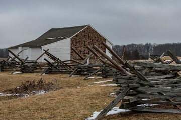 Fototapeta na wymiar The McPherson Barn On A Cold Winter Morning, Gettysburg National Military Park, Pennsylvania, USA