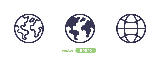 Planet Earth icon. World symbol. Vector eps10 illustration. Flat design. Line art. Simple minimalystic design. Globe silhouette isolated on white background. Icons set.