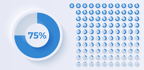 Loading indicator. Progress bar. Percentage meter. UI, User interface. Loading symbol. Download process. Circle icons set. Minimalistic 3d template. Realistic modern design. Vector illustration.
