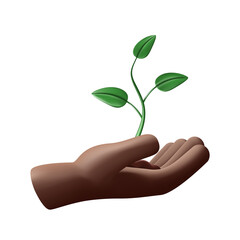 3D black hand holding a sprout. The concept of development, growth, preservation of the environment. Color vector illustration, realistic style. Isolated background.