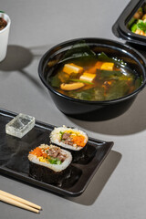 A set of Korean food in a container. Korean cuisine. Asian Lunches