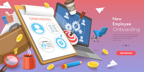 3D Vector Conceptual Illustration of New Employee Onboarding, Staff Induction Practices and Organizational Socialization