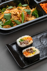 A set of Korean food in a container. Korean cuisine. Asian Lunches