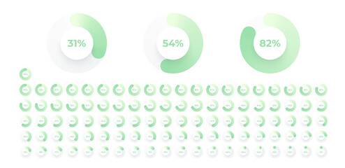 Loading indicator. Progress bar. Percentage meter. UI, User interface. Loading symbol. Download process. Circle icons set. Minimalistic 3d template. Realistic modern design. Vector illustration.