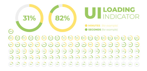 Loading indicator. Progress bar. Percentage meter. UI, User interface. Loading symbol. Download process. Circle icons set. Minimalistic 3d template. Realistic modern design. Vector illustration.
