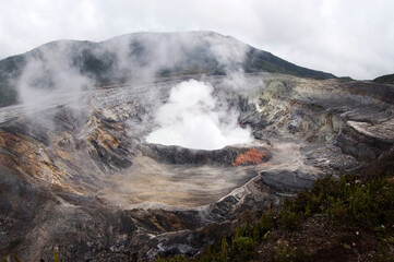 Aerial view. Beautiful landscape with Poas volcano and smoke comming out of its crater.Costa Rica
