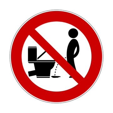 No peeing on floor sign. Vector illustration of red crossed out circular prohibited sign with man pissing on floor. Prohibition of urinating symbol isolated on background. Pee ban. Keep toilet clean.