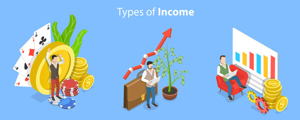 3D Isometric Flat Vector Conceptual Illustration of Types Of Income, Finance, Investments and Accounting