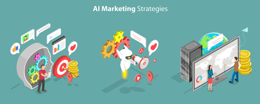 3D Isometric Flat Vector Conceptual Illustration of AI Marketing Strategies, Artificial Intelligence for Business