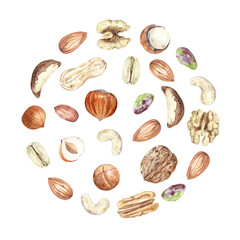 Round background of watercolor nuts