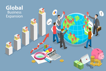 3D Isometric Flat Vector Conceptual Illustration of Global Business Expansion, Franchise Development Strategy - obrazy, fototapety, plakaty