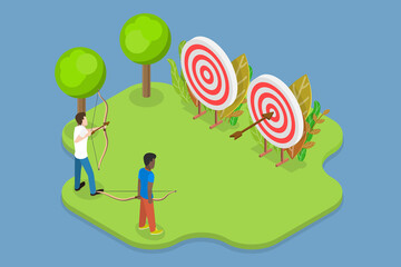 3D Isometric Flat Vector Conceptual Illustration of Archery Competition, Archers Athletes with Bows and Target