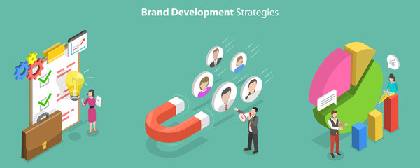 3D Isometric Flat Vector Conceptual Illustration of Brand Development Strategies, Branding Business Plan